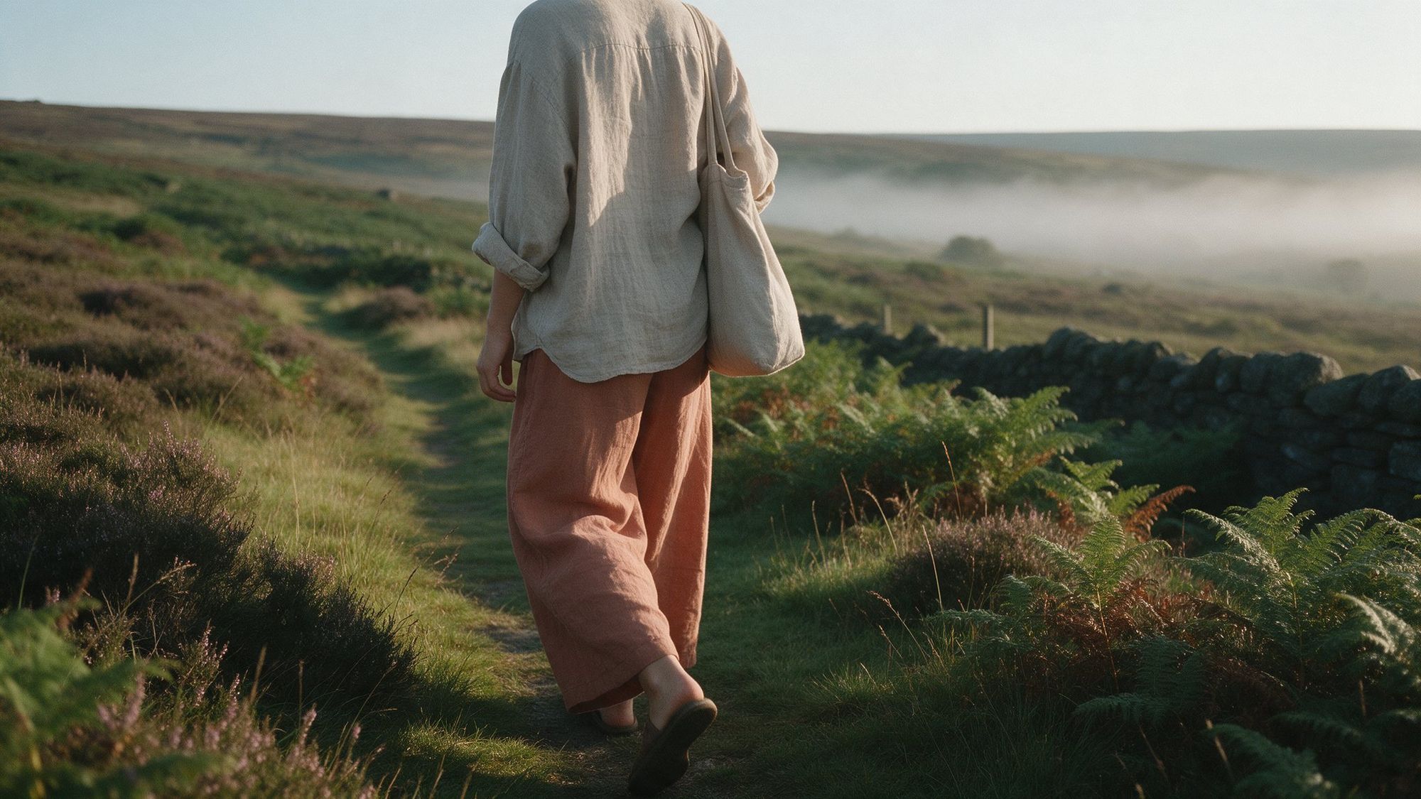Fernlowe linen clothing on a moor at dusk