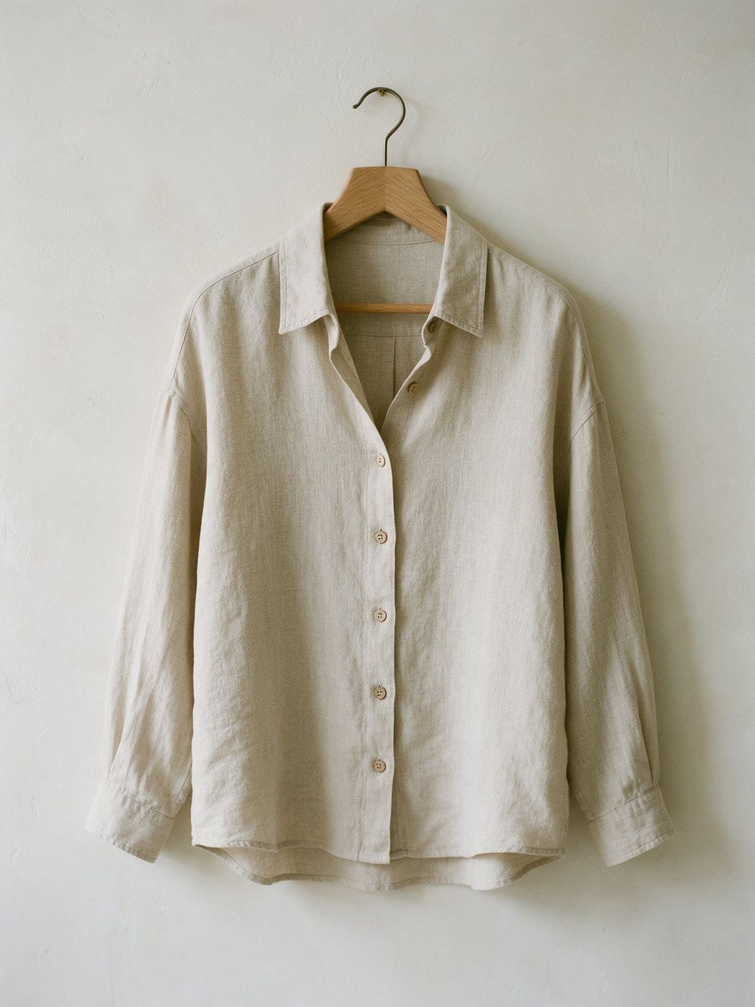 The Hollow Linen Shirt in oat on a hanger
