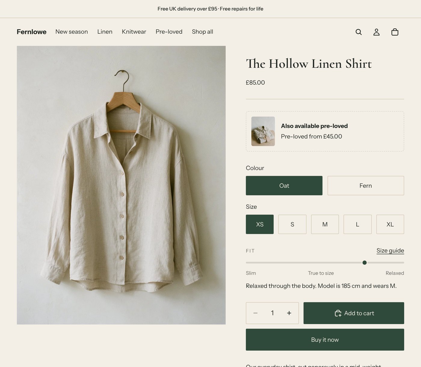 The Hollow Linen Shirt product page with the pre-loved link, colour and size options and the fit scale