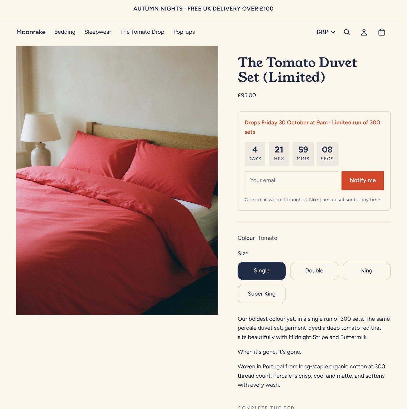 Tomato Duvet Set product page with countdown and Notify me form