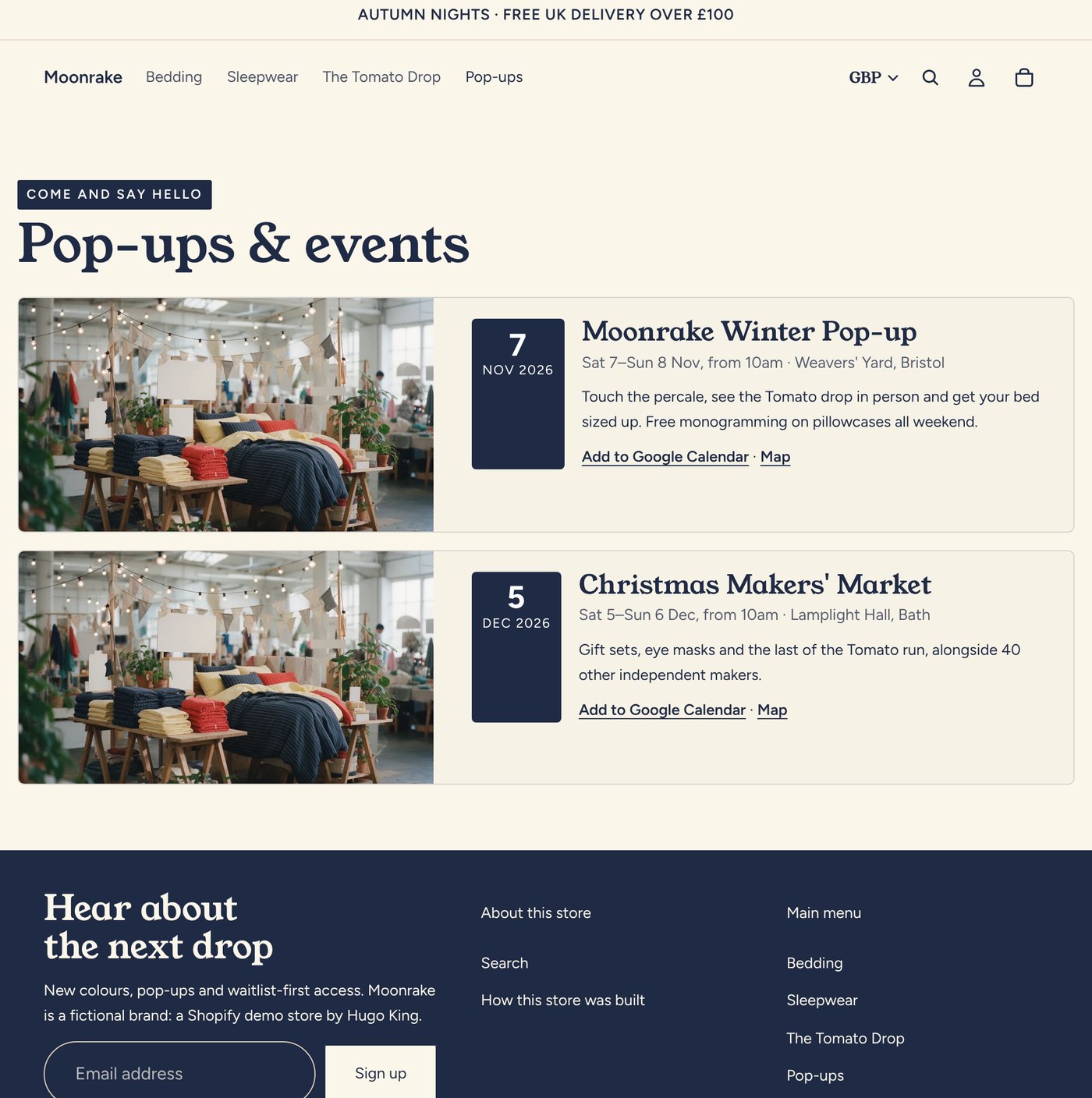 Pop-ups and events page listing two upcoming events
