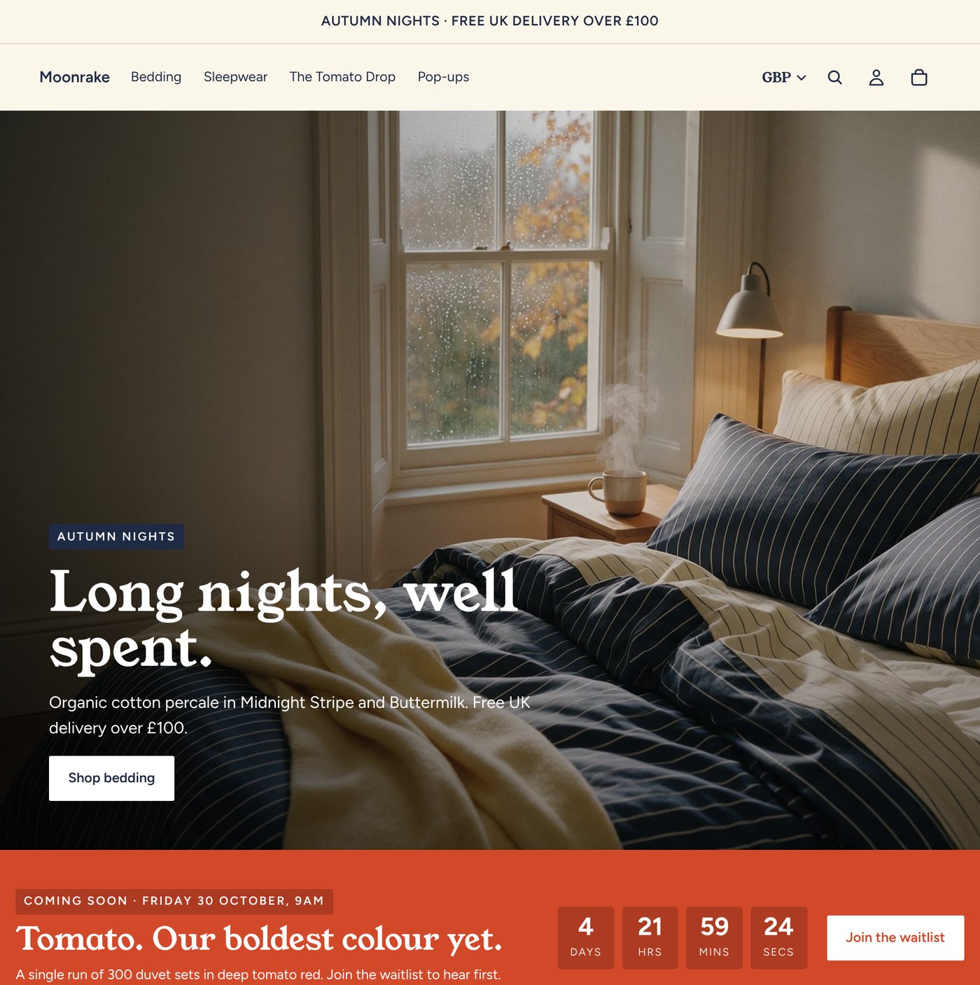 Moonrake homepage with the Autumn Nights campaign hero