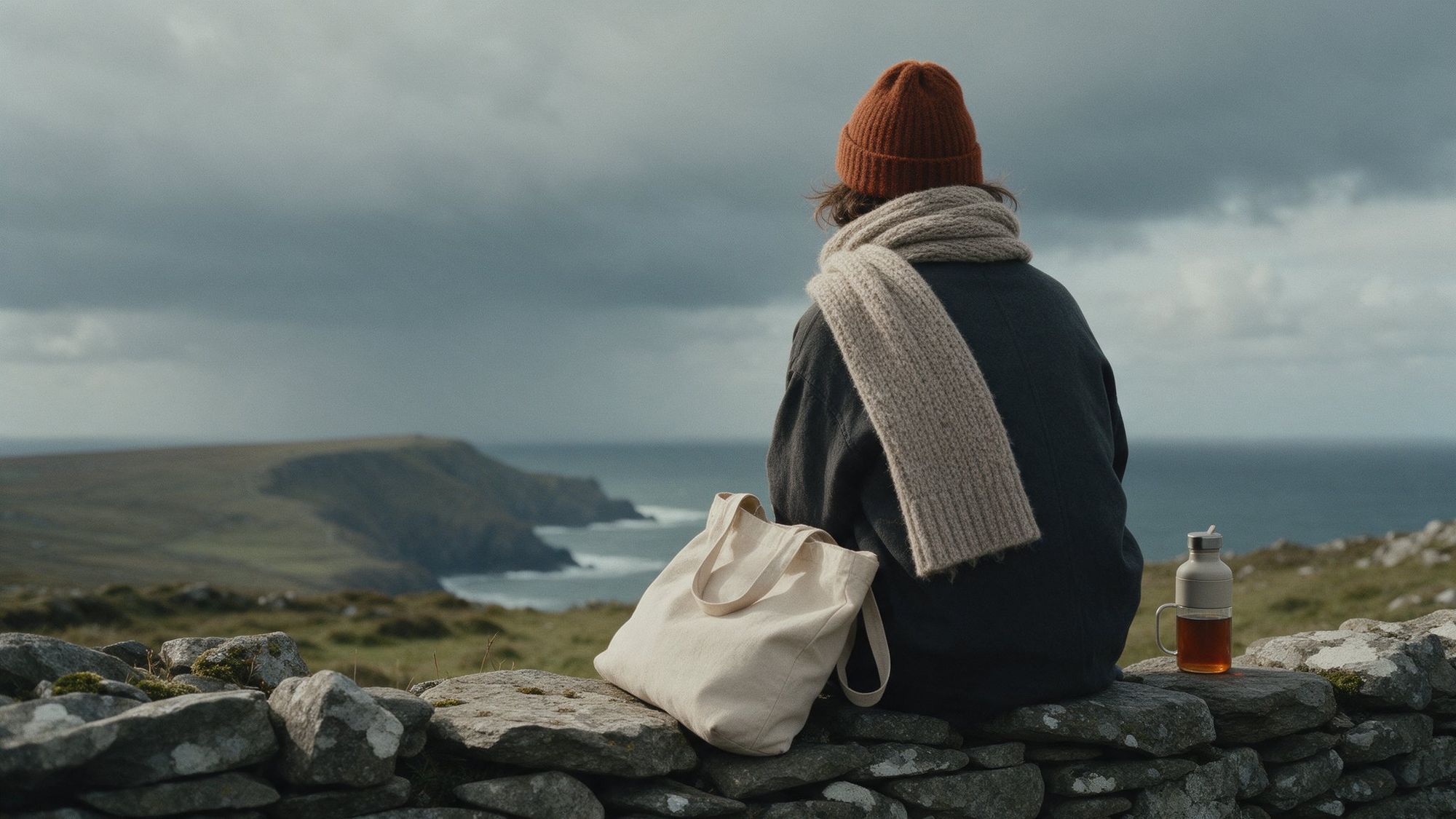 A walker in a Wrenfold beanie and scarf on a stone wall by the sea