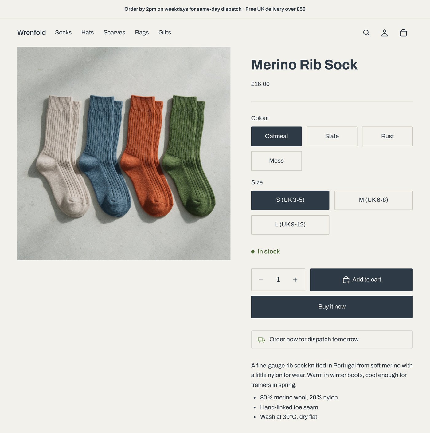 Merino Rib Sock product page with In stock message and dispatch notice